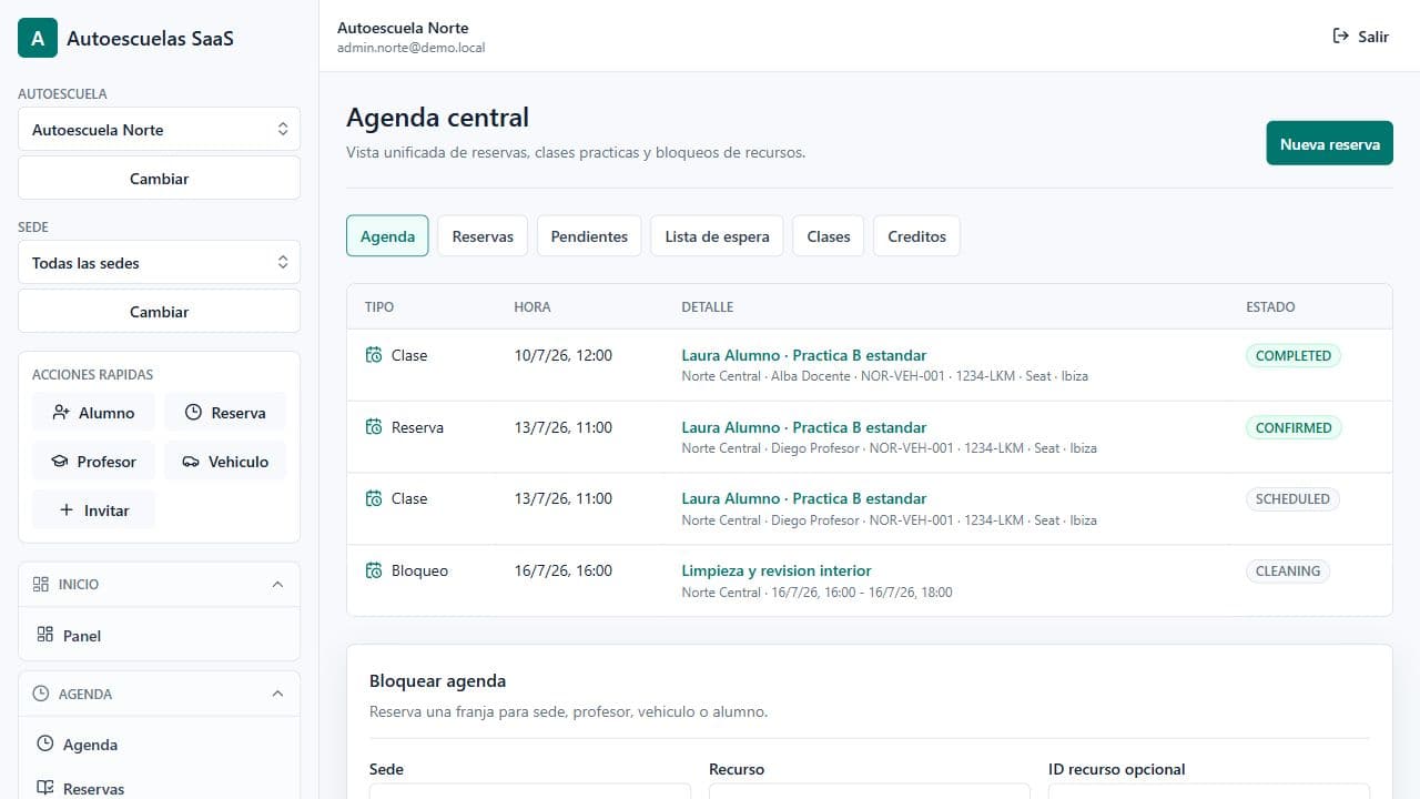 Interfaz de agenda de AutoGest con reservas y recursos
